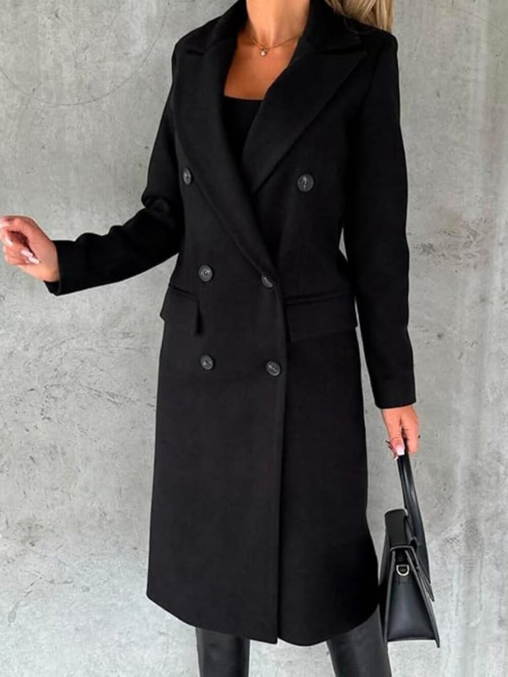 Women's Black Long Wool Coat Double Breasted Trench Coat Fall Winter Clothes - Picture 2 of 3